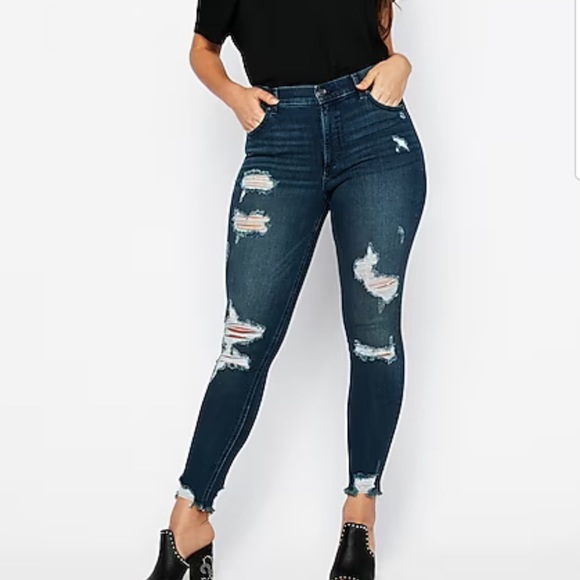 Express High Waisted Denim Perfect Stretch Ripped Ankle Skinny Jeans 4 Regular - Picture 14 of 16
